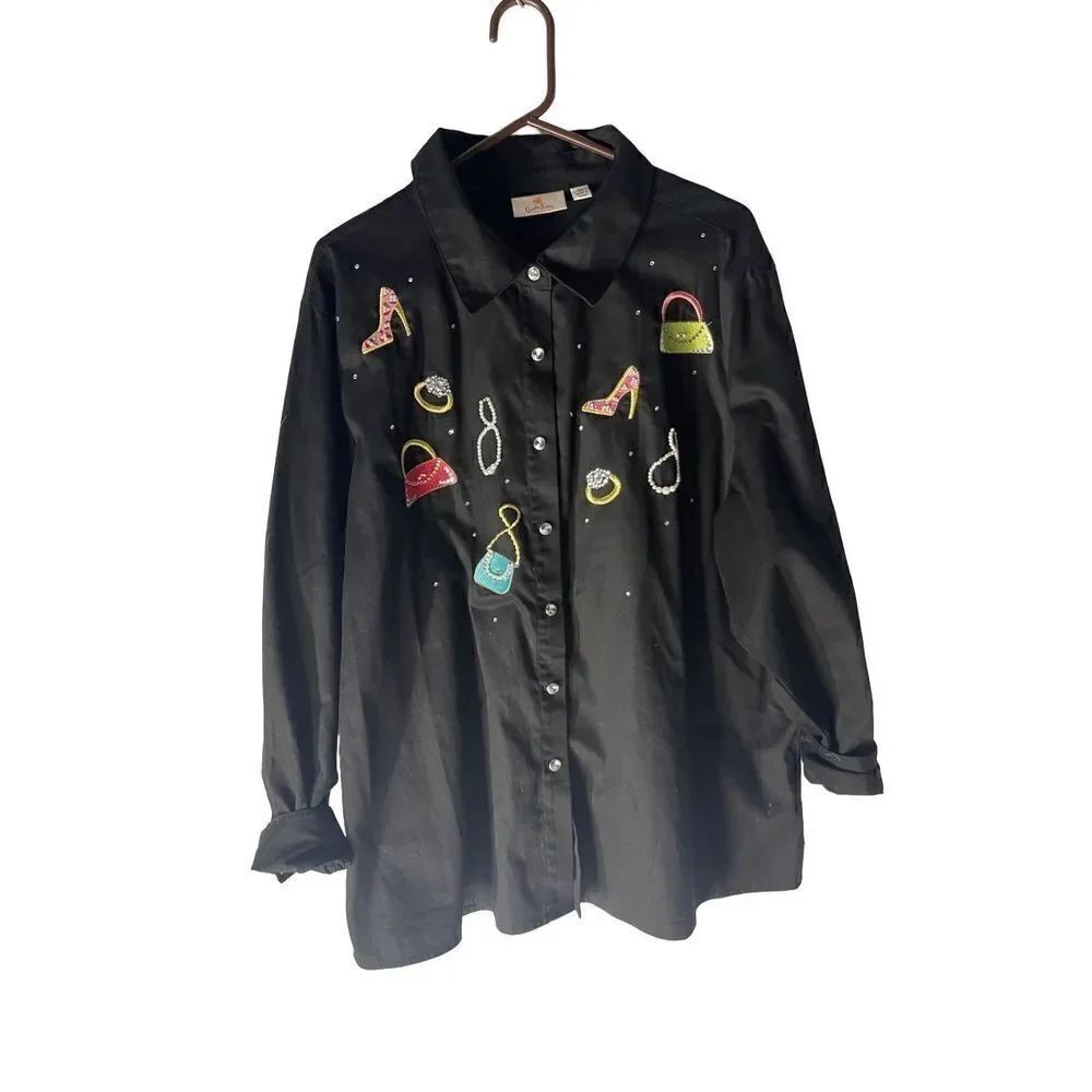Quacker Factory Novelty Embroidered Embellished Button Front Shacket Women’s siz